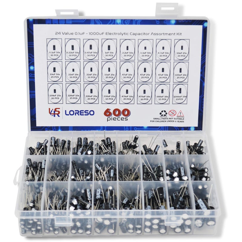 LSR LORESO Loreso Electrolytic Capacitor Variety Pack 600 pcs Assortment Kit Box - 600pcs 24 Value - Electrolytic Capacitors 0.1uf to 1000uf 50V, for Electronics Projects - Image 2